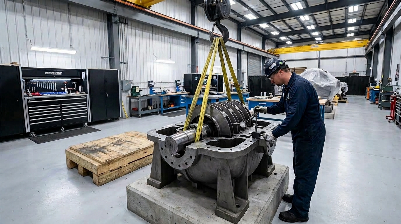 Engineer inspecting a centrifugal pump during shop overhaul